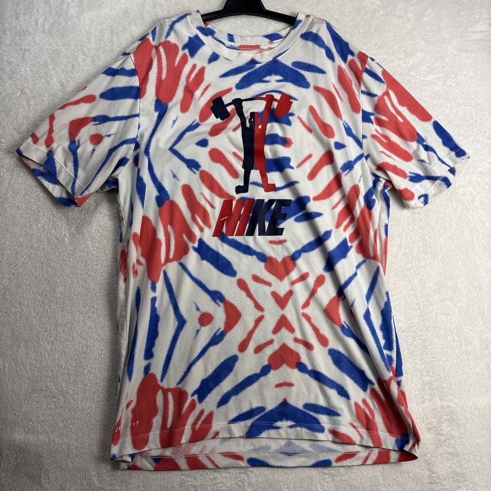 The Nike Tee T-Shirt Men Size Large Tie Dye Weightlifting Graphic Dri-Fit Red